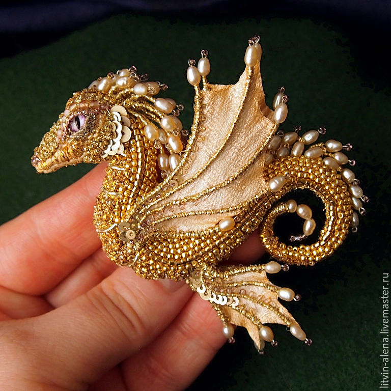 Brooch Dragon Margo Brooch Beads Embroidered Dragon Golden Dragon