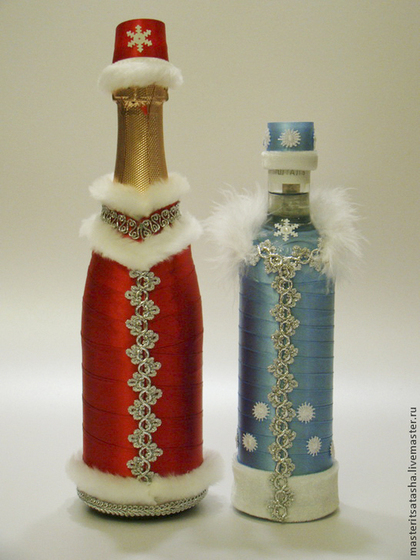 Украшаем бутылки лентами на новый год
