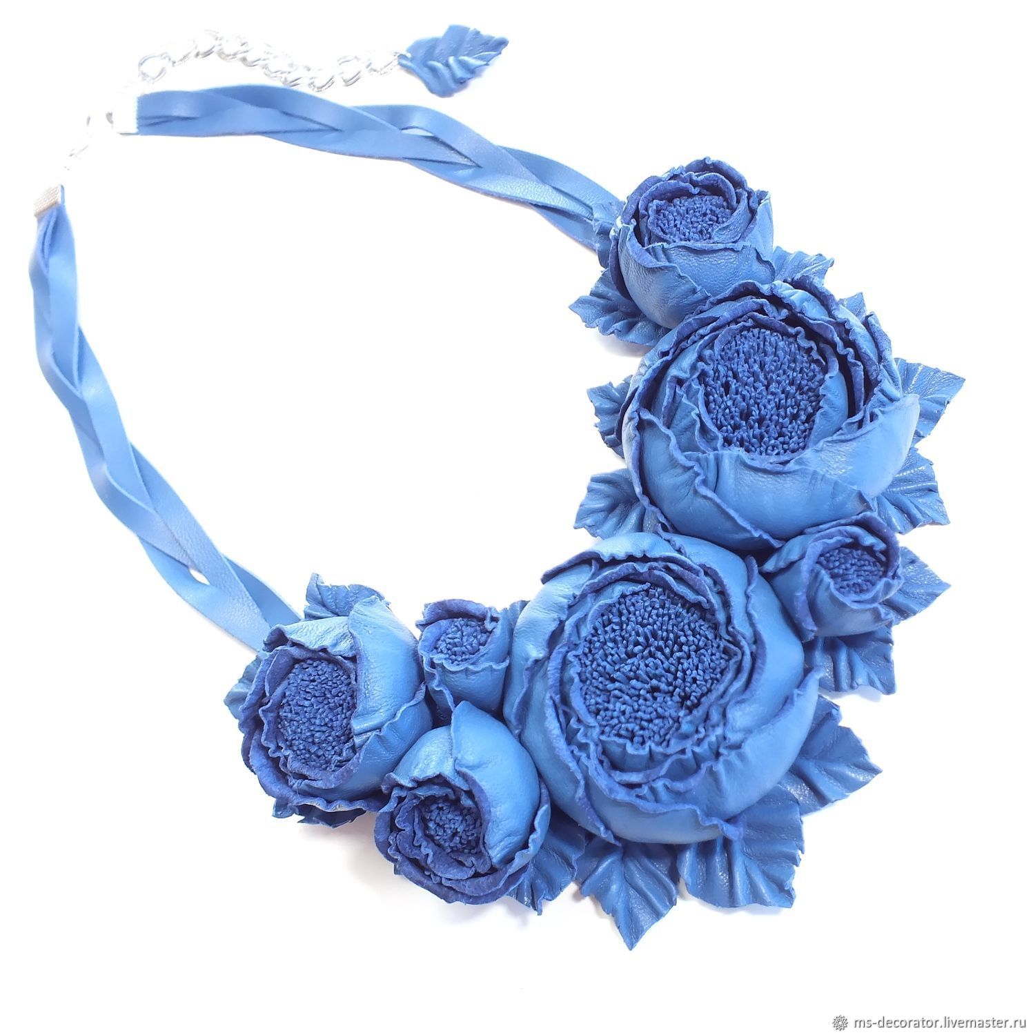 Leather choker rose Dance Blue Denim handmade flowers, Necklace, St. Petersburg,  Фото №1