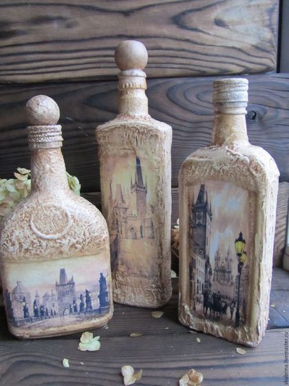 Бутылка Старая Прага декупаж объемный декор патинирование