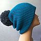 The hat is double knitted Navy with grey pompon, Caps, Moscow,  Фото №1