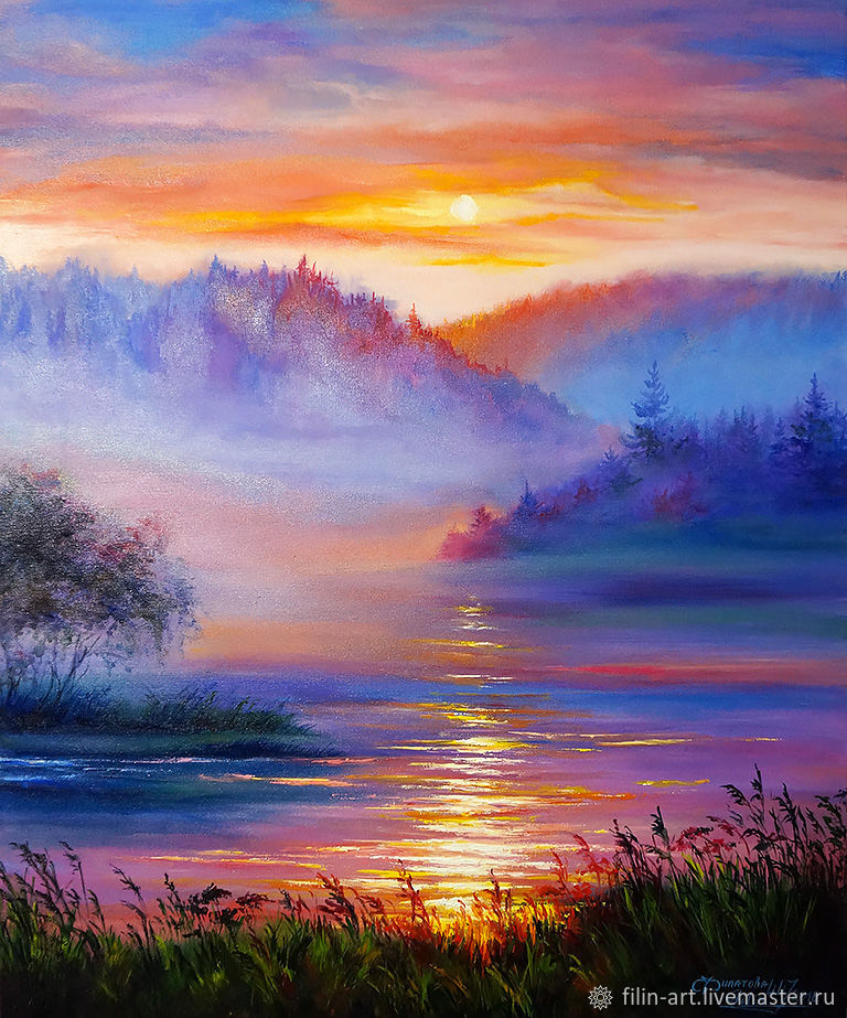 Landscape Oil Painting on canvas - "Sunset in the Fog" – купить на