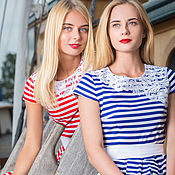 Одежда handmade. Livemaster - original item Red Striped Dress with Lace, Cotton Summer striped dress. Handmade.