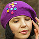 Beret hat for spring winter elegant women's knitted lilac bright