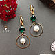 Stylish earrings with pearls emerald round geometry, Earrings, St. Petersburg,  Фото №1
