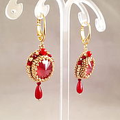 Украшения handmade. Livemaster - original item Long red earrings with coral and Swarovski crystals with pendant. Handmade.