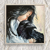 Картины и панно handmade. Livemaster - original item Girl and Raven, painting with a bird, portrait of a girl.. Handmade.