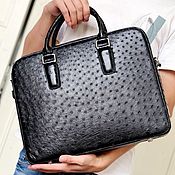 Сумки и аксессуары handmade. Livemaster - original item Ostrich leather briefcase bag, in black, 38 cm.. Handmade.