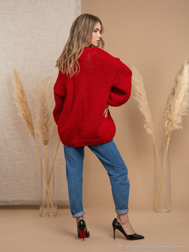 bright red cardigan