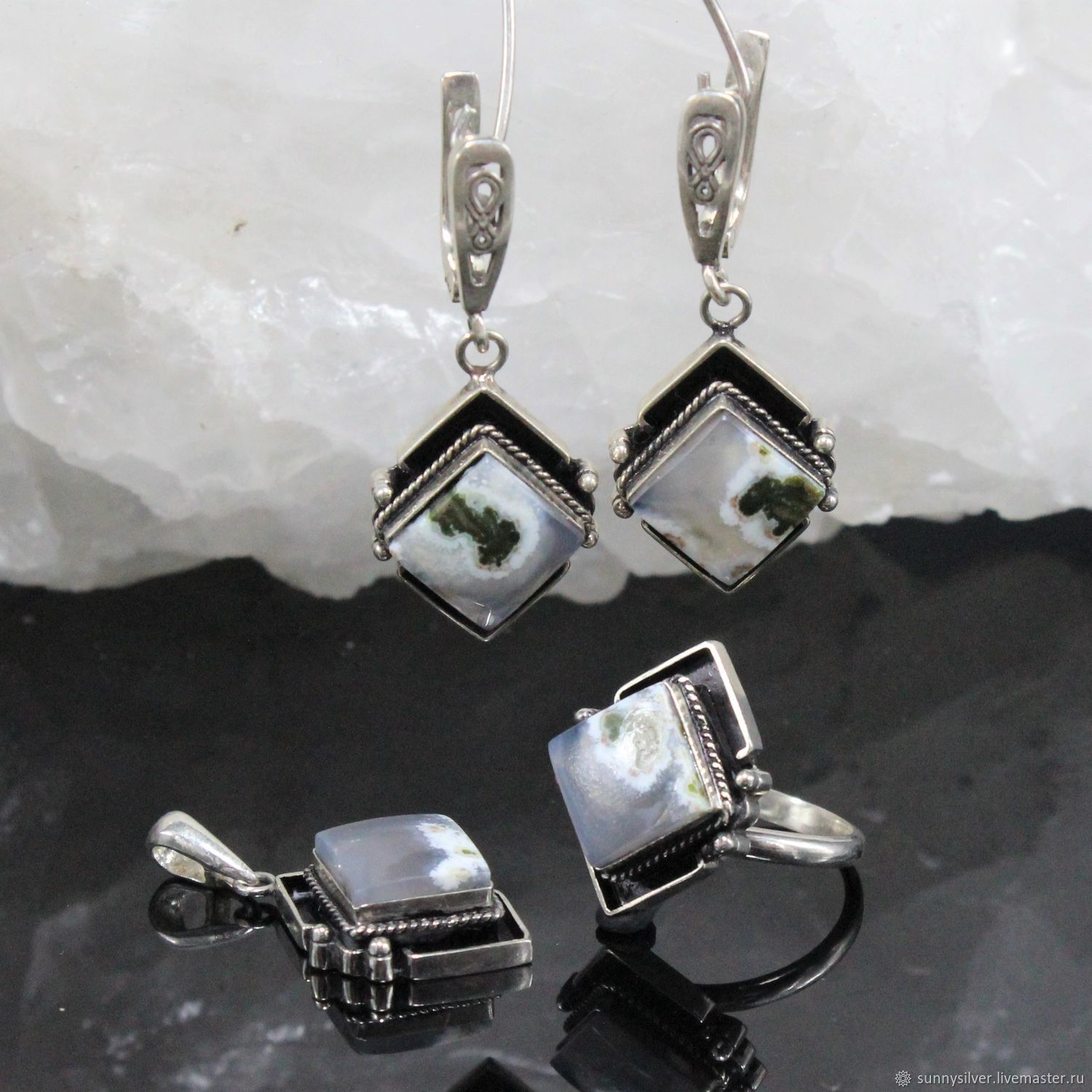 Серьги, кольцо, кулон Пейтон с агатами из серебра 925 DD0009-2 купить в ...
