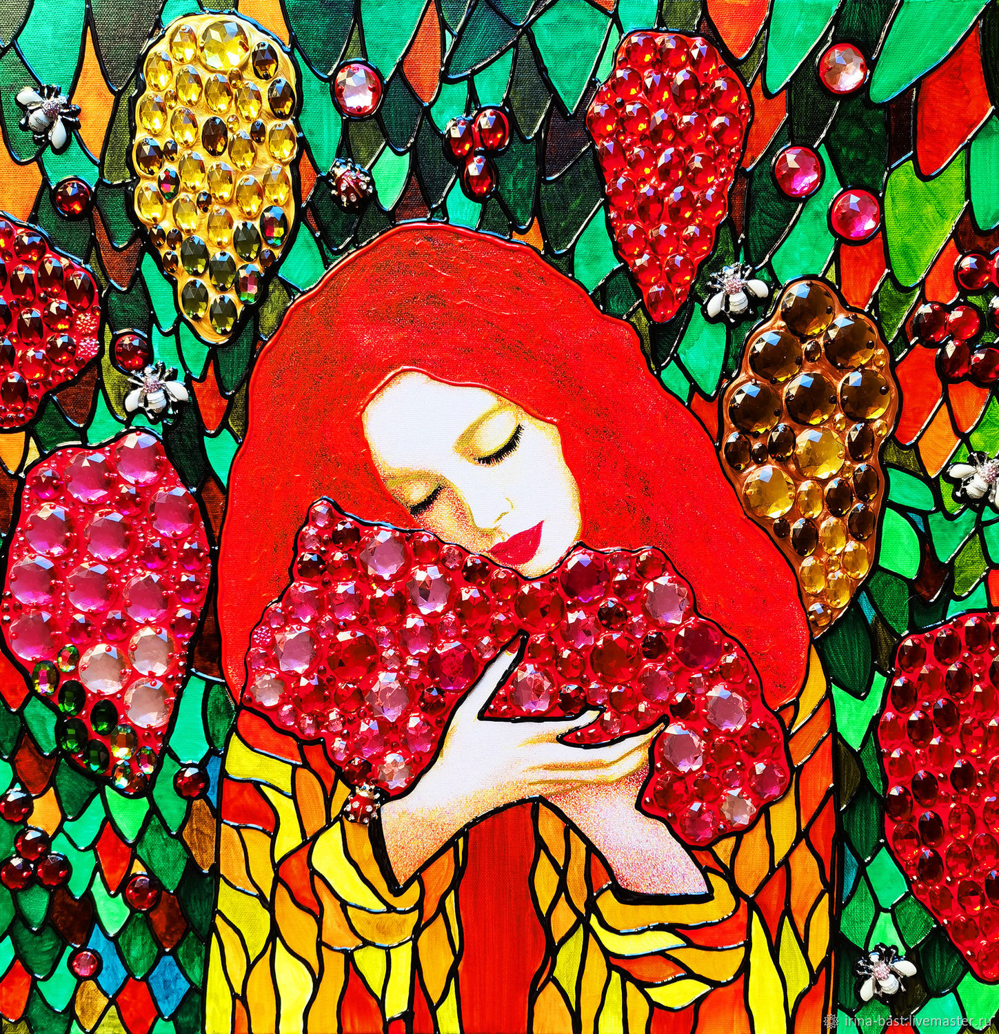 A stained glass painting of a Girl with grapes. Art Nouveau Modern – купить  на Ярмарке Мастеров – PM4ZACOM