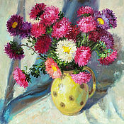 Картина  маслом с цветами  "Пионы и люпины". 30х40