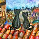 Заказать Крыши Ночного Города Картина Акварель Коты Огни Синий Желтый Звезды. Мастерская Мельница.Картины.(Анна). Ярмарка Мастеров. . Картины Фото №3