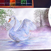 Картины и панно handmade. Livemaster - original item Swan morning lake watercolor. Handmade.