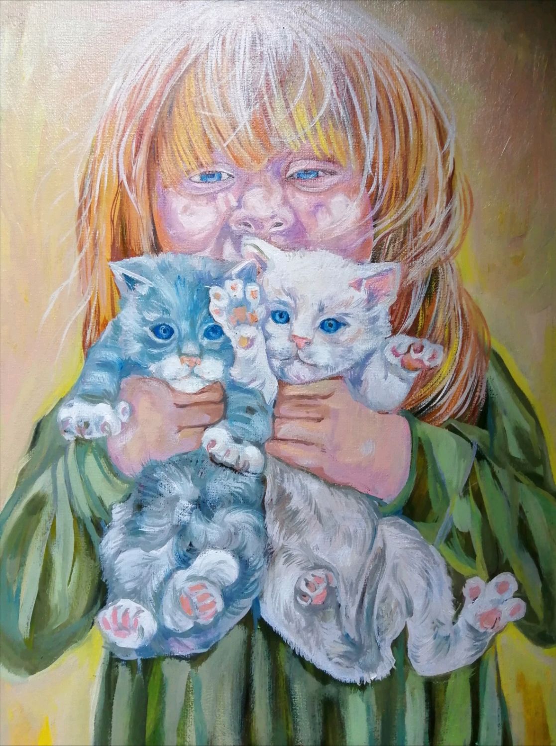 Детская картина маслом Девочка с котятами - детство, дети, кошки, коты ...