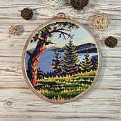 Картины и панно handmade. Livemaster - original item Cross-stitch Lake in a pine forest. Handmade.
