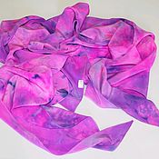 Grey silk scarf with purple and green hand-colouring
