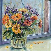 Картины и панно handmade. Livemaster - original item Oil painting flowers on canvas bouquet with marigolds on the window. Handmade.
