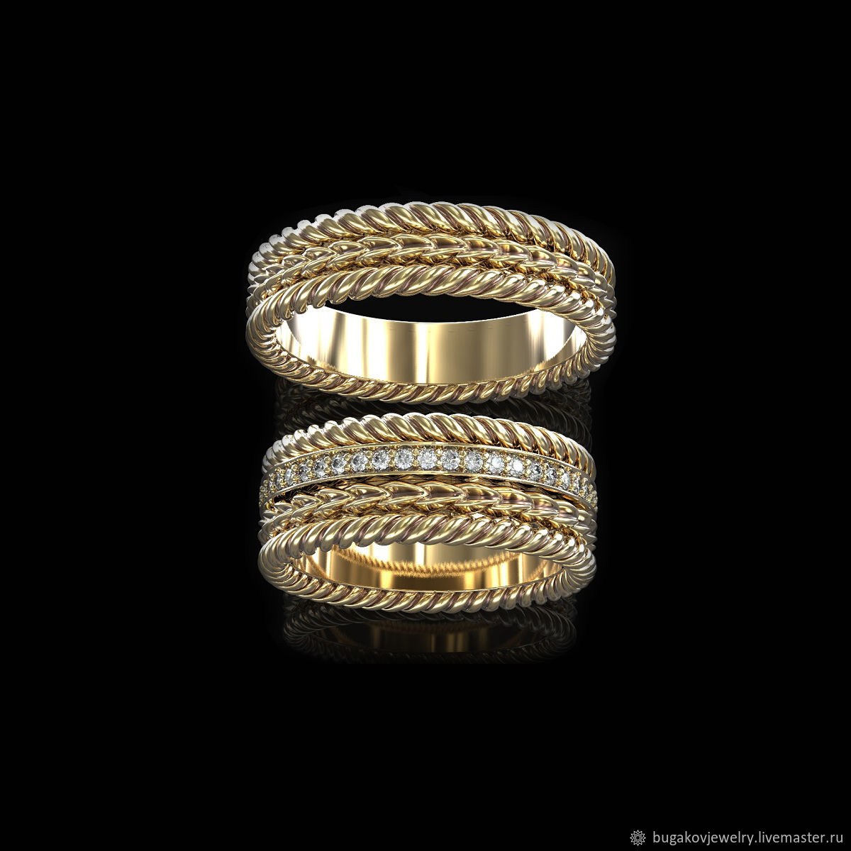 Кольцо обручальное рифленое золотое