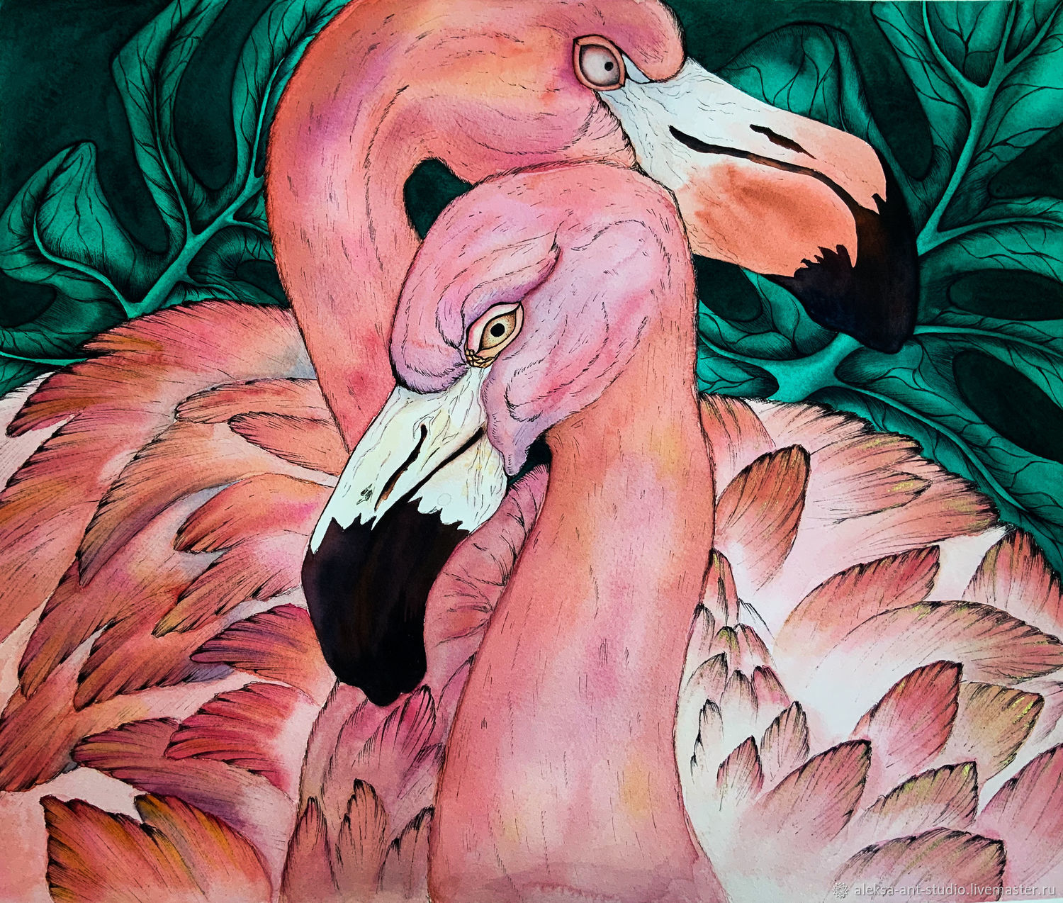 Фламинго и монстера живопись