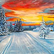 Картины и панно handmade. Livemaster - original item Oil Painting Winter Landscape Evening Sunset Snow. Handmade.