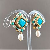 Украшения handmade. Livemaster - original item Byzantine Turquoise Clip Earrings, Pearl Pendant Earrings. Handmade.