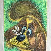 Картины и панно handmade. Livemaster - original item Oil pastel painting children`s puppy and butterfly 