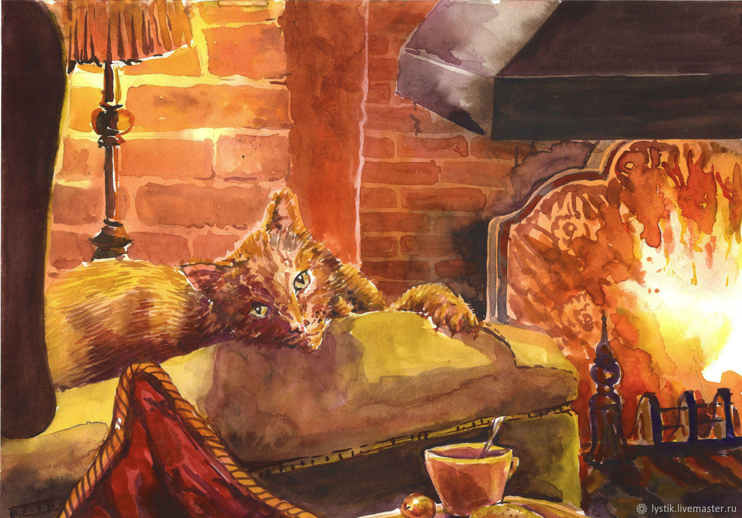 Согревающий акварельный рисунок Тепло камина и кота в интернет-магазине  Ярмарка Мастеров по цене 2125 ₽ – H4Q3RRU | Картины, Москва - доставка по  России