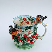 Посуда handmade. Livemaster - original item Mug with Raspberry and robin decor.. Handmade.