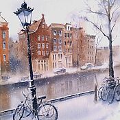 Картины и панно handmade. Livemaster - original item Pictures: Urban landscape in watercolor Amsterdam snow (brown gray). Handmade.