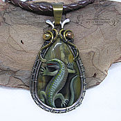 Украшения handmade. Livemaster - original item Pendant with painting on natural jasper Magic lizard. Handmade.