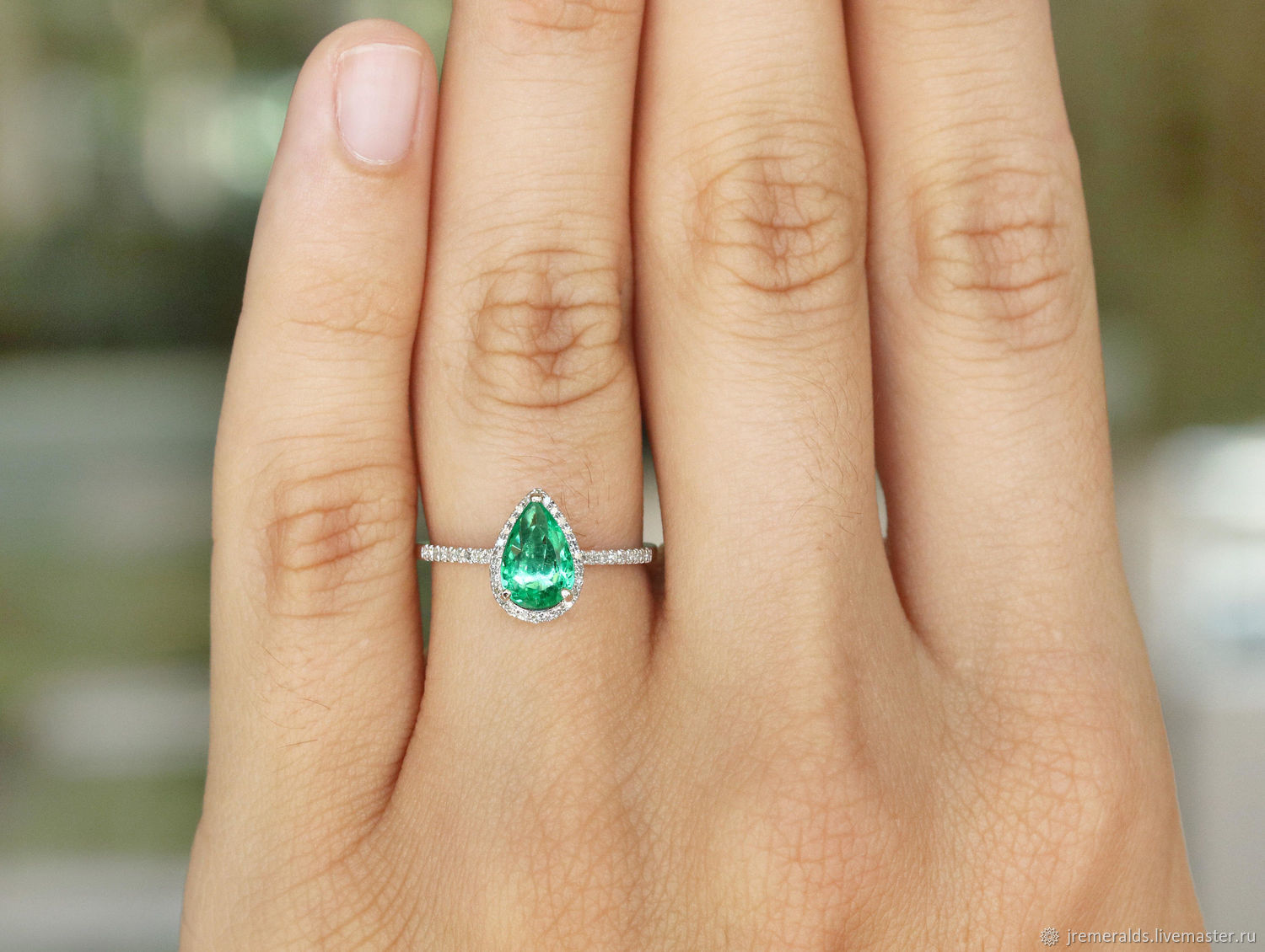 18K Pear Emerald Engagement Ring, Pear Emerald Diamond Halo Ring