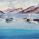 Watercolor Landscape with boats (blue blue picture), Pictures, Yuzhno-Uralsk,  Фото №1
