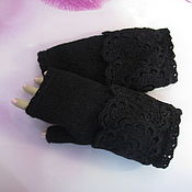 Аксессуары handmade. Livemaster - original item Knitted mittens with lace, black.. Handmade.