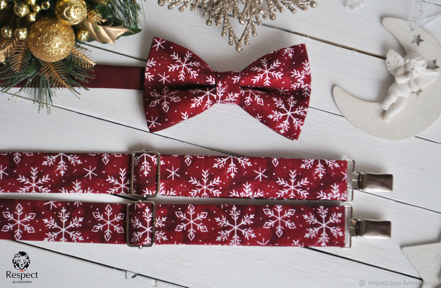 A Burgundy bow tie Marsala with Snowflake pattern plete with Burgundy suspenders