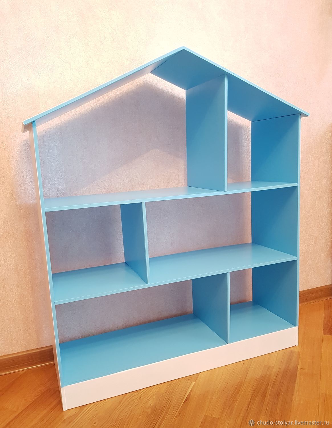 Полка домик для игрушек цвет белый/голубой