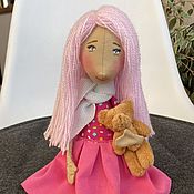 Тильда в розовом с белым котом - текстильная кукла
