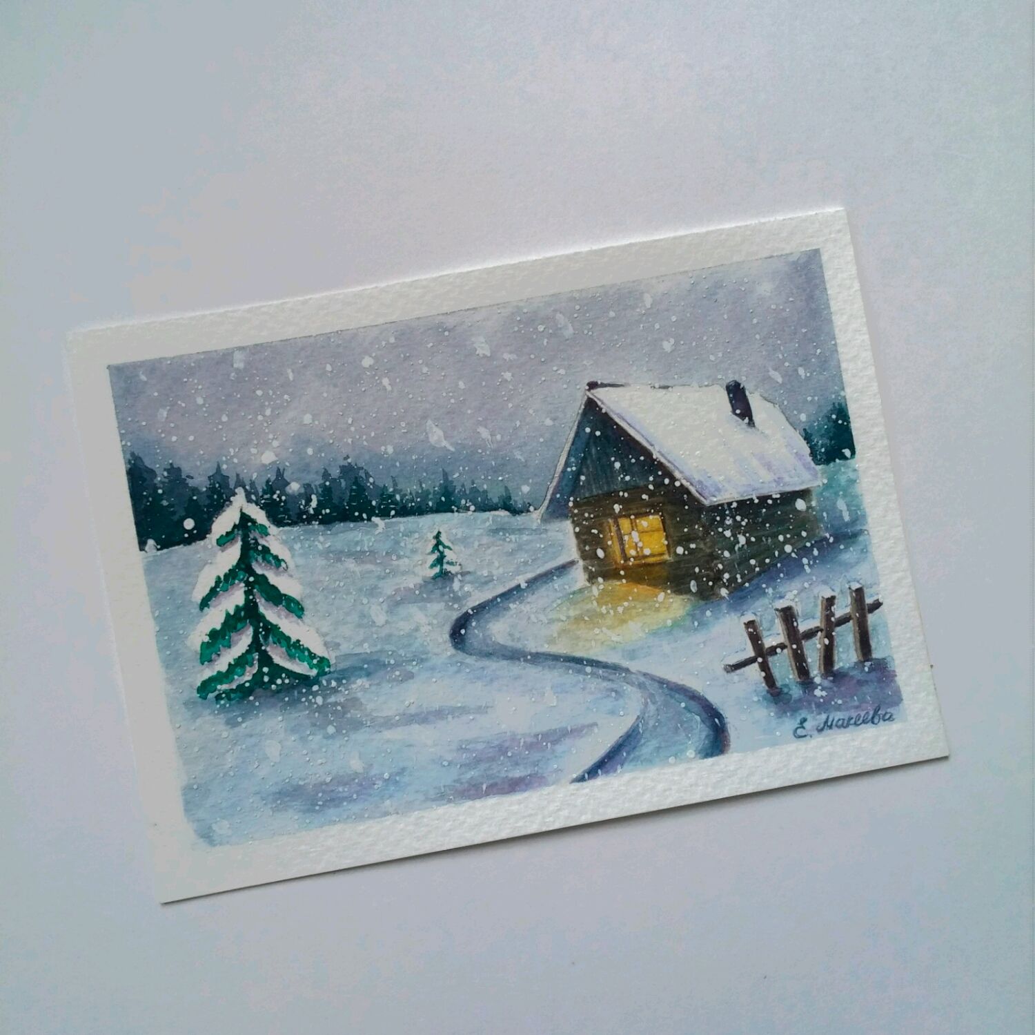 Новогодняя открытка с домиком и снеговиком
