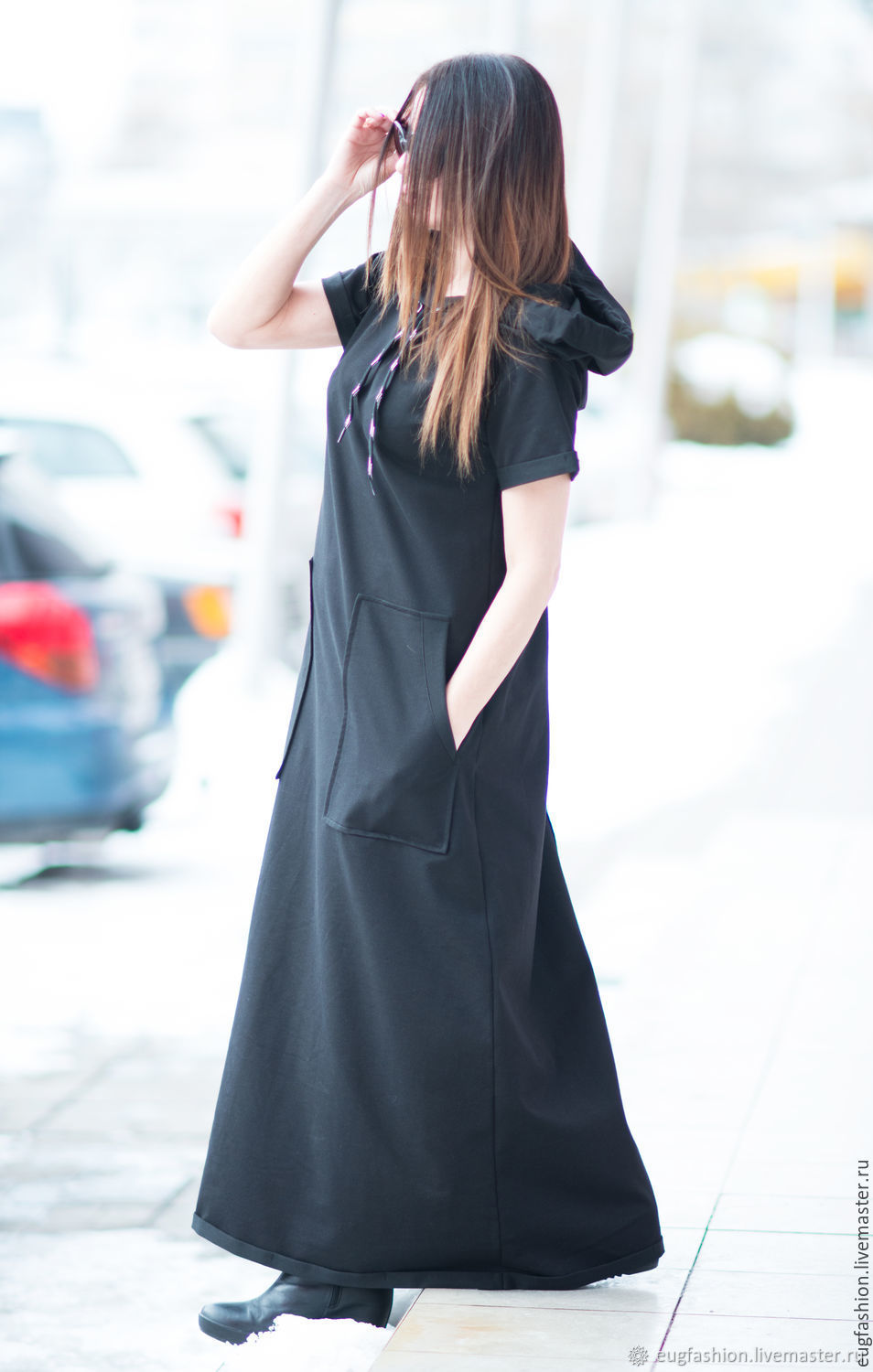 Платье с капюшоном Uniqlo черное длинное