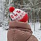  Вязаная шапка с рисунком, красная с помпоном, теплая, Шапки, Санкт-Петербург,  Фото №1