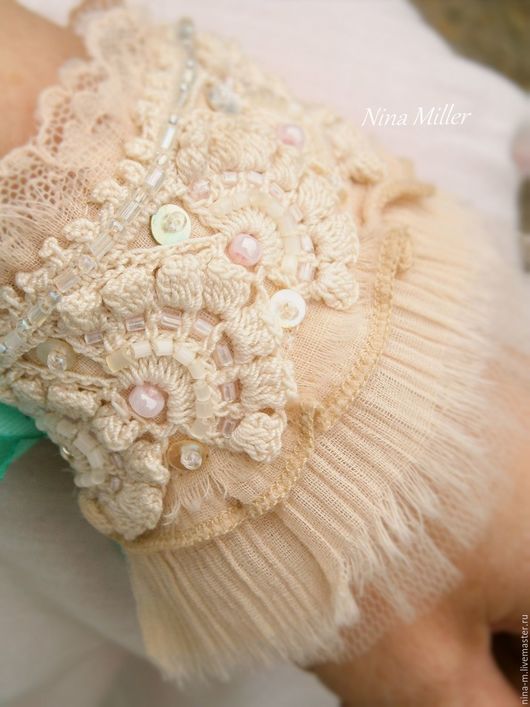 Купить Браслет манжета под винтаж с бирюзовой лентой. - бежевый, шебби ...