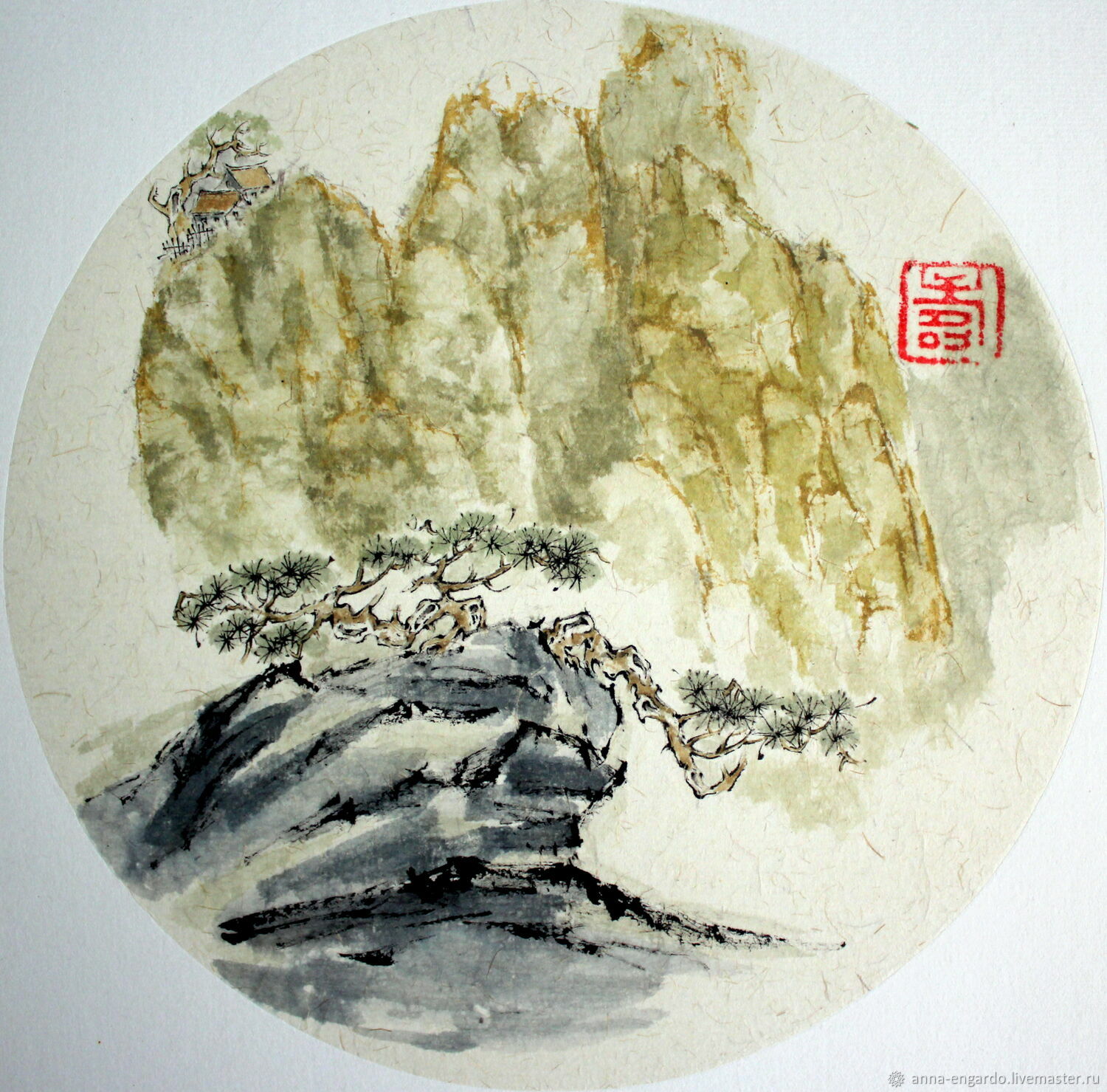 Китайская живописьМиниатюра пейзаж картина горы водопад Графика тушью ...