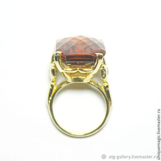 Эффектное золотое кольцо с крупным роскошным цитрином 27.7ct и кубиком циркония!    Авторская ручная работа.