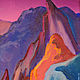 Fragment oil painting - Night in the Gulf Violet. Rocky peaks.