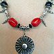 Necklace made of natural stones in ethnic Oriental style Genghis Khan.. Bright red coral necklace with black agate, silver beads and a vintage pendant. Handmade jewelry.