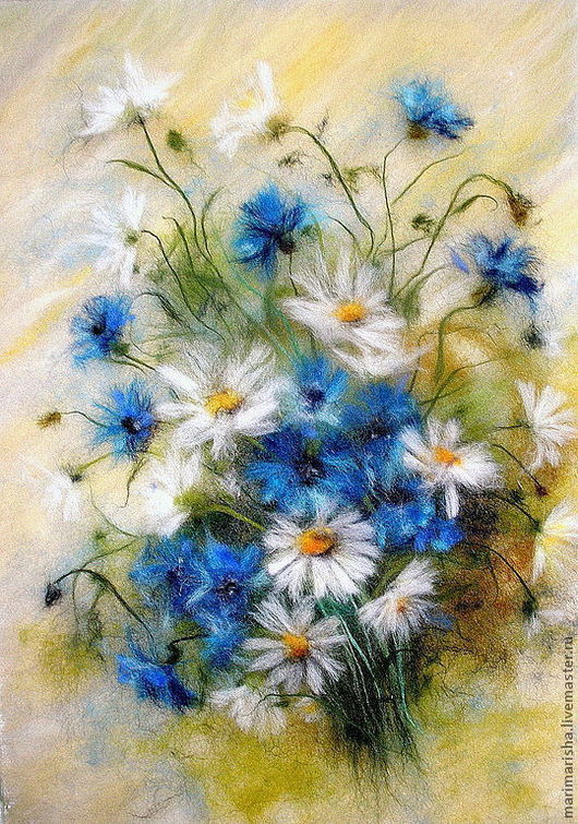 Картины цветов ручной работы. Ярмарка Мастеров - ручная работа. Купить Картина из шерсти "Привет из лета от васильков и ромашек". Handmade.