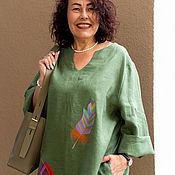 Одежда handmade. Livemaster - original item Linen floor-length green dress with Feather embroidery. Handmade.