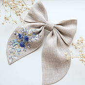 Украшения handmade. Livemaster - original item Bow with embroidery - Roses and forget - me - nots ( linen - melange fabric ). Handmade.