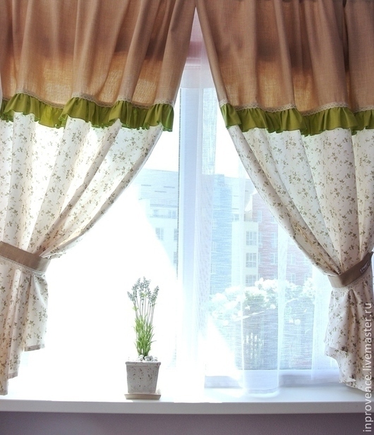 Шторы льняные серо-оливковые на кухню в стиле Прованс . Шторы Прованс. Шторы для кухни. Текстильный комплект на кухню.