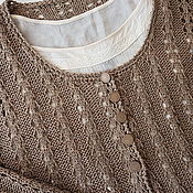 Кардиган вязаный ажурный светло-серый с поясом, пряжа Перу